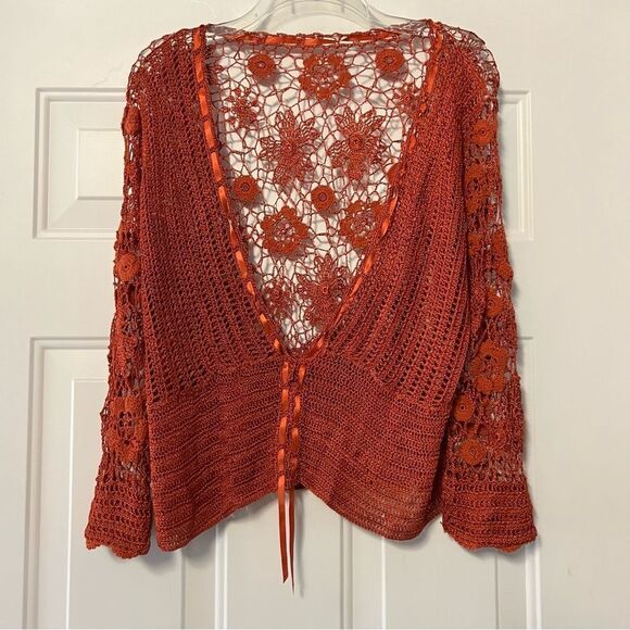 Vintage Y2K 90s Boho Crochet Floral Open Knit V Neck Long Sleeve Sheer Sweater L - Picture 1 of 10